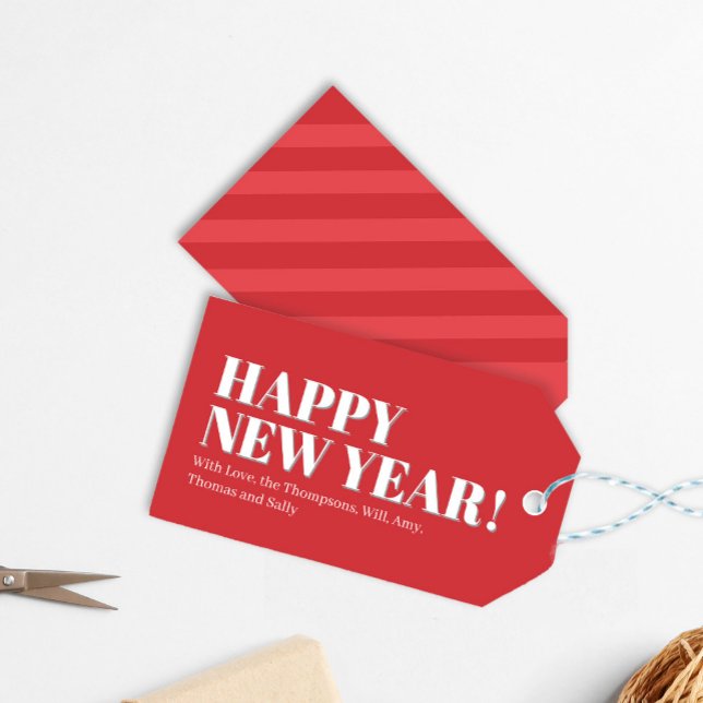 Gott Nytt År Röd och Vit Anpassad Presentetikett (Happy New Year Custom Party Gift Tag.)