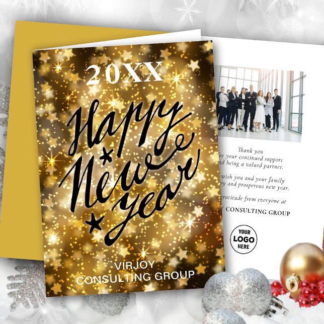 Gott nytt år Script Festive Guld Stars Business Helgkort (Skapare uppladdad)