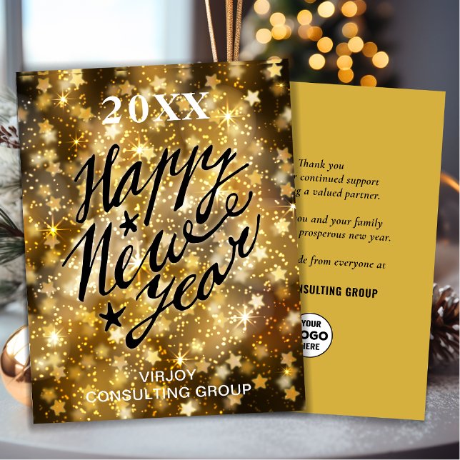 Gott nytt år Script Festive Guld Stars Business Julkort (Skapare uppladdad)