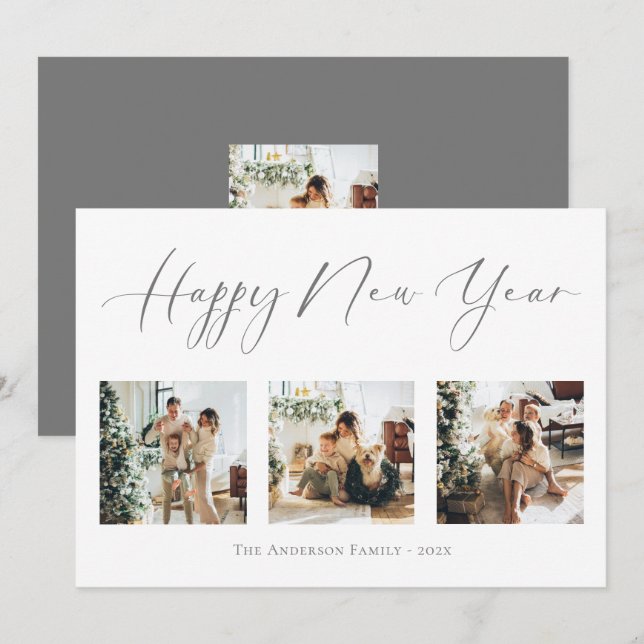 gott nytt år Script Grått 2 Multi Photo Collage Julkort (Fram/baksida)