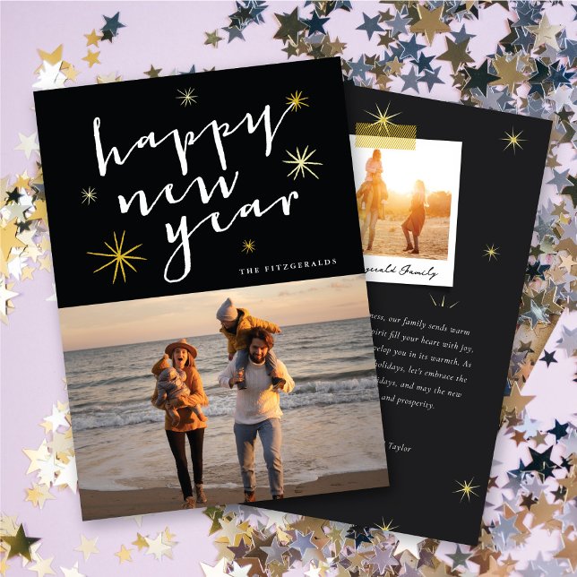 Gott nytt år Script Guld Starburst Photo Helgdag Julkort (Happy New Year Script Gold Starburst Photo Holiday @ fat_fa_tin)