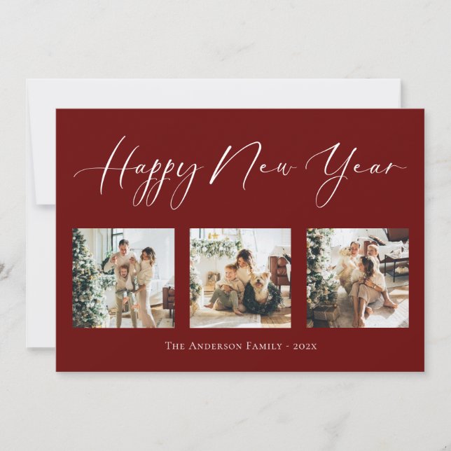 gott nytt år Script Red Multi Photo Collage Holi Julkort (Framsida)