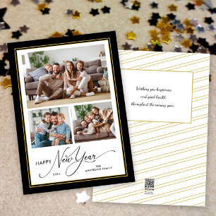 Gott nytt år Simple Elegant Script 3-foton Julkort