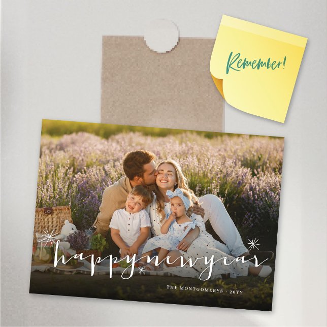 Gott nytt år Starburburits Photo Magnetic Card (Happy New Year Classic Script Starbursts Photo Magnetic Card @ fat_fa_tin)