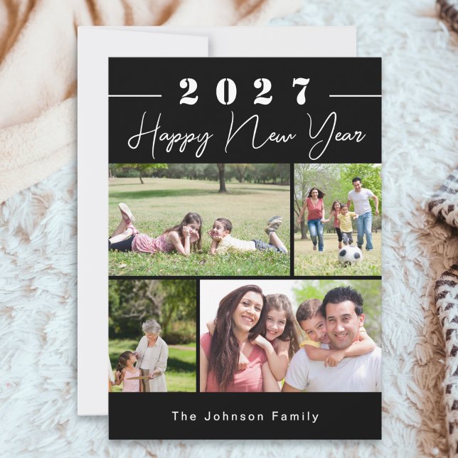 Gott nytt år Svart Anpassningsbar 4 Foto Collage Julkort (A 'Happy New Year' card in black and white, with 4 custom photos, family name and text on back)