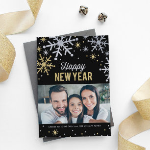 Gott Nytt År Svart Guld Silver Snöflinga Foto Julkort