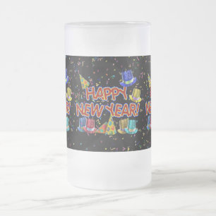 Gott nytt år Text med Party Hats och Konfetti Frostat Ölglas