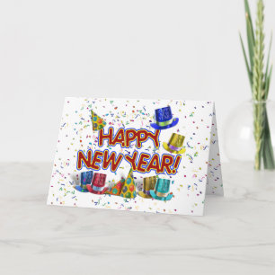 Gott nytt år Text med Party Hats och Konfetti Helgkort