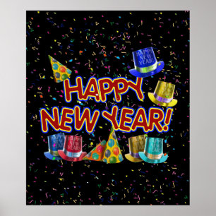 Gott nytt år Text med Party Hats och Konfetti Poster