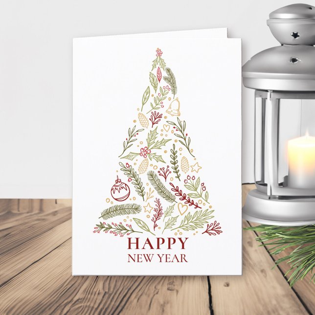 Gott nytt år Träd Land Gräs och Holly Helgkort (Happy New Year card with stylized christmas tree)