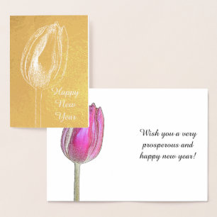 Gott nytt år Tulip Blommigt Rosa Flower Photo Art Folierat Kort