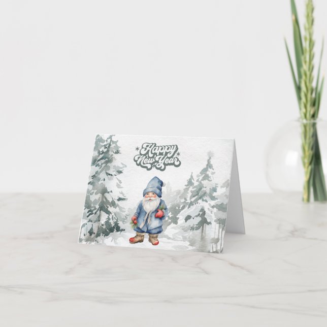 Gott nytt år Vattenfärg Tomte i skogen  Kort (Framsida)