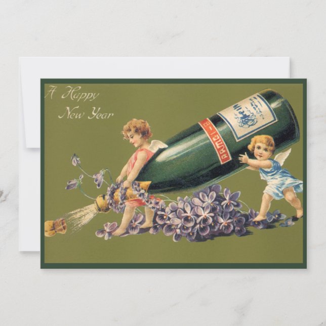 Gott Nytt År, Vintage-änglar med Champagne Inbjudningar (Framsida)
