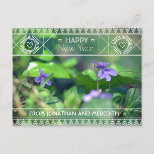 Gott nytt år Violet Grönt Lila Blommigt Art Deco Vykort