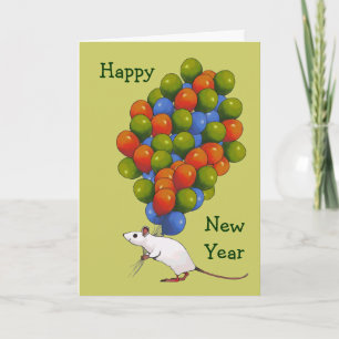 Gott nytt år: Vit Mouse med LOTS of Balloons Helgkort