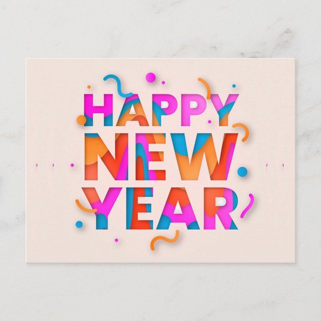 Gott nytt år vykort (A digital art piece features the words "HAPPY NEW YEAR" cut out from a light peach background.)