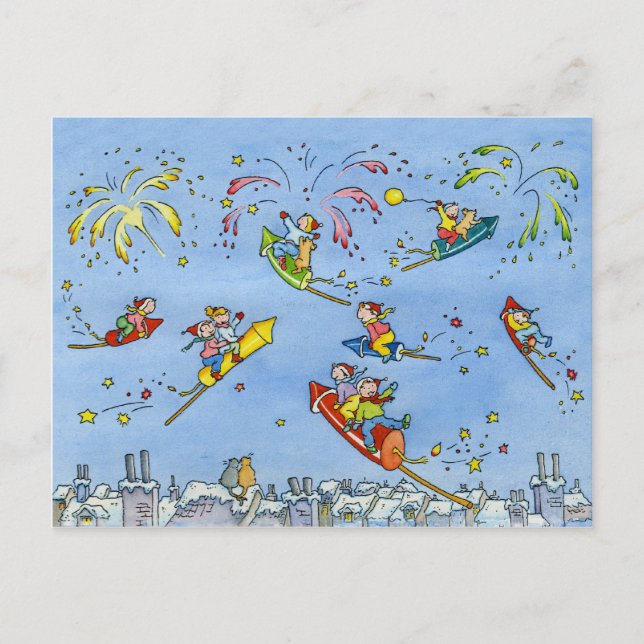 Gott nytt årvykortet "flyger lite ", helg vykort (Framsida)