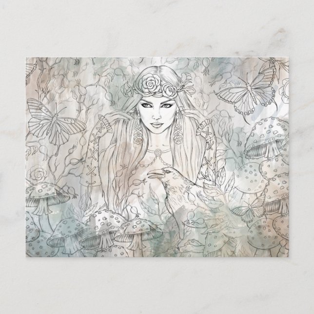 Gottlig vacker häxa med raven vykort (Framsida)
