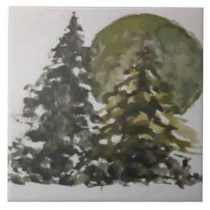 Gouache Gräs Träd framför Sol landskap Kakelplatta