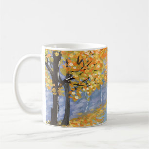 Gouache höstlandskap. Golden falla i tomma tomma o Kaffemugg