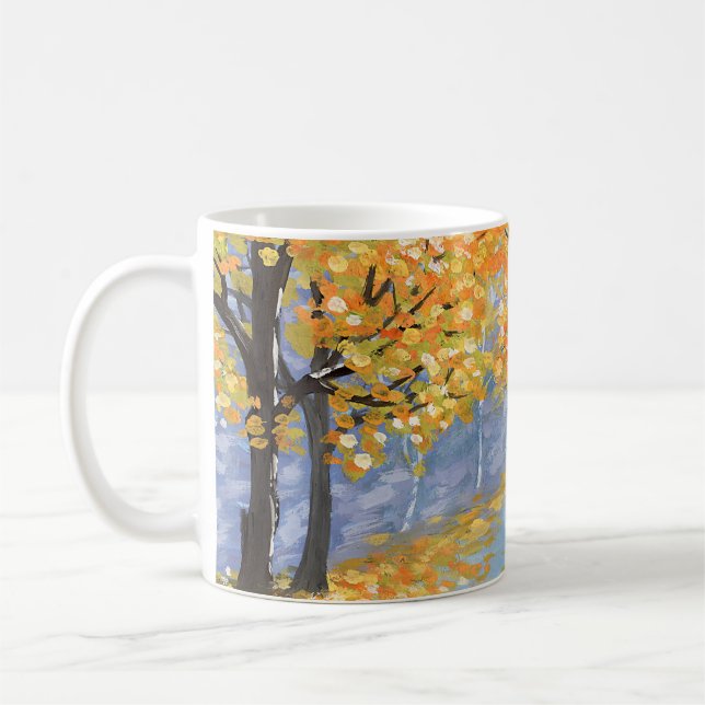 Gouache höstlandskap. Golden falla i tomma tomma o Kaffemugg (Vänster)