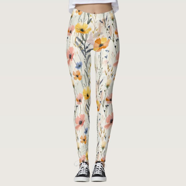 Gouache Meadow Flowers Mönster Leggings (Framsida)