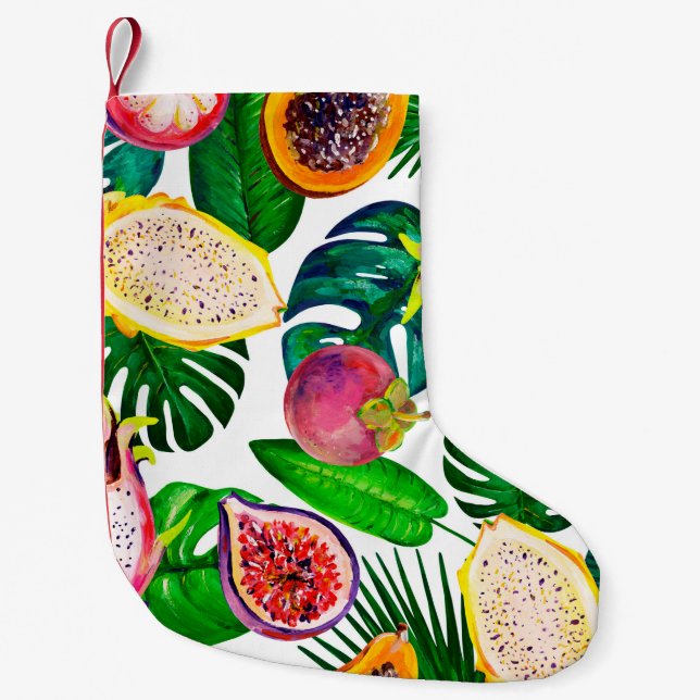 Gouache sömlös mönster med tropik löv och fr liten julstrumpa (Framsidan)