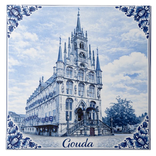 Gouda stadshus Delft Blå keramisk kakel (Framsidan)