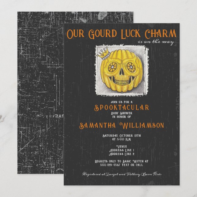 Gourd Tur Charm Halloween Pumpkin Baby Shower Inbjudningar (Fram/baksida)