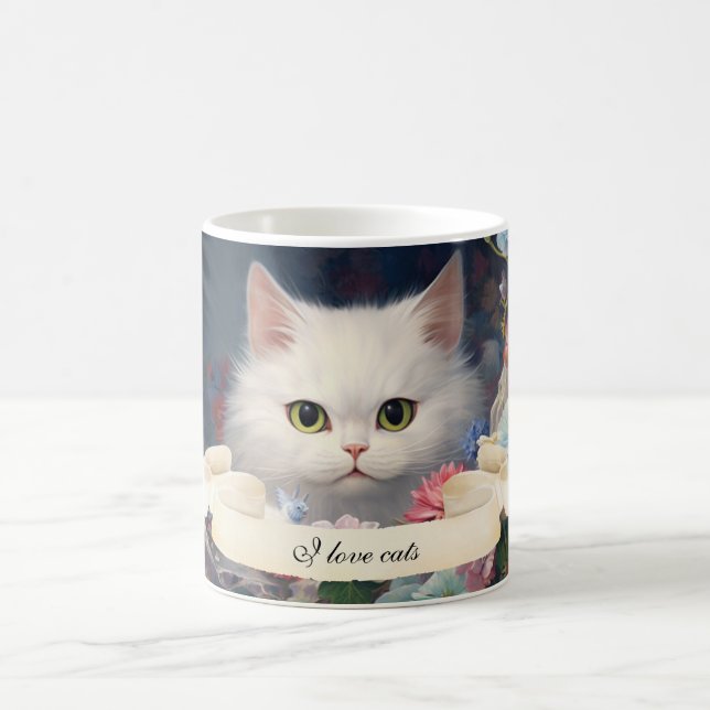 Gourgeous White Cat and Flowers Girly Anpassningsb Kaffemugg (Center)