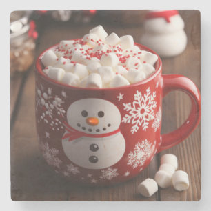 Gourmet Hett Cocoa i en vacker Snögubbe Mugg Stenunderlägg