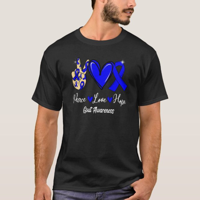 Gout Awareness Peace Love Hope Blue Ribbon   T Shirt (Framsida)