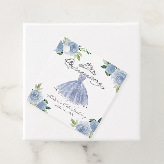 Gown Light Blue Blommigt Quinceanera Party Gåvor Etiketter (På plats)