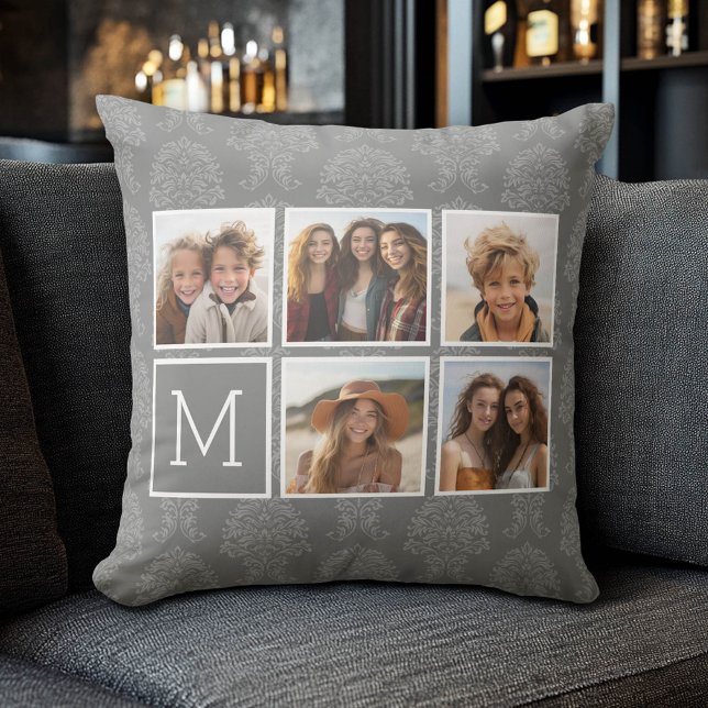 Grå 5 Fotocollage med textmonogram Kudde (Custom Photo Pillow)