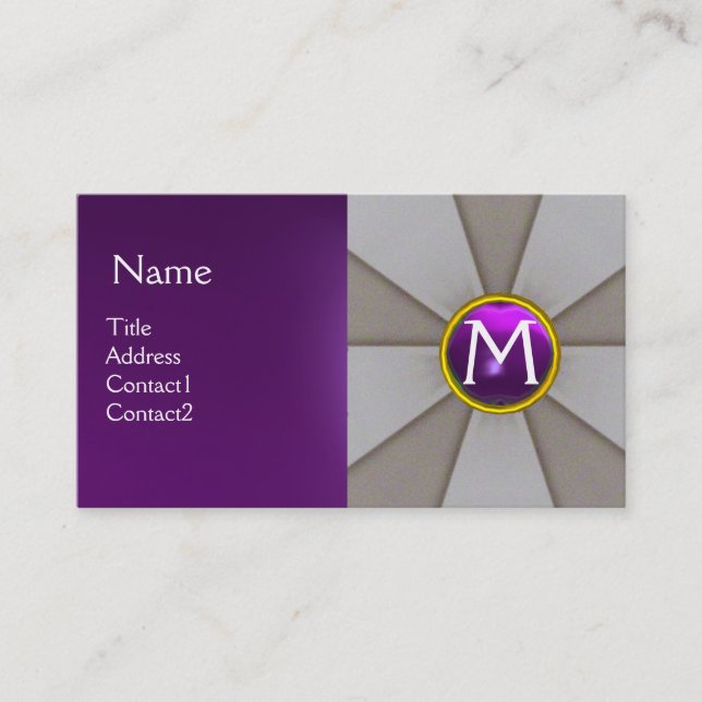 GRÅ ABSTRAKTA RANDIGA, LILA ÄDELSSTEN MONOGRAM VISITKORT (Framsida)