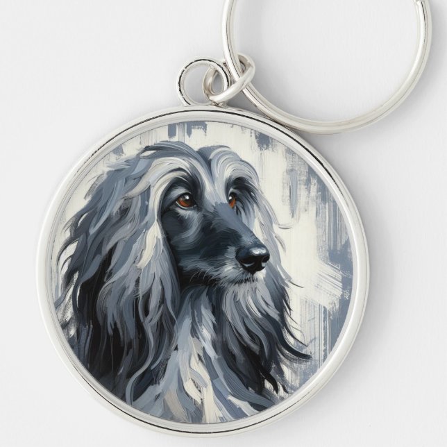 Grå Afghan Hound Porträtt Rund Silverfärgad Nyckelring (Framsidan)