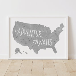 Grå äventyr väntar Amerikansk karta för barnkammar Poster