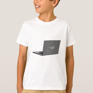Grå bärbar dator med tecknad logotyp för fågel t shirt