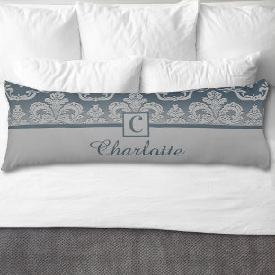 Grå Blå Damask Monogram Personligt Namn Kroppskudde