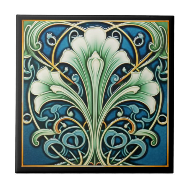 Grå blå Fläkt-blomma Art Deco-keramik Tile Kakelplatta (Framsidan)