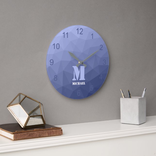 Grå blå gradient geometrisk mesh-mönster Monogram Stor Klocka (Kontor)