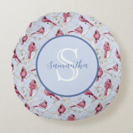 Grå Blå Kardinalfåglar Personlig Monogram Rund Kudde