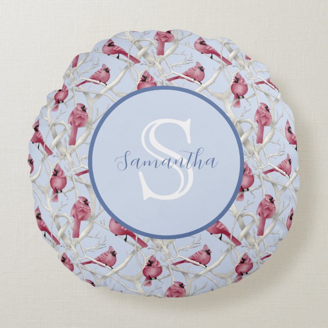 Grå Blå Kardinalfåglar Personlig Monogram Rund Kudde (Framsidan)