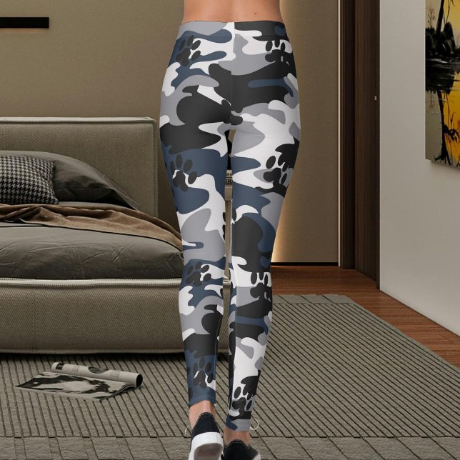 Grå Blå Ljus Kråkröd Kattklövs Kamouflage Mönster Leggings (Skapare uppladdad)