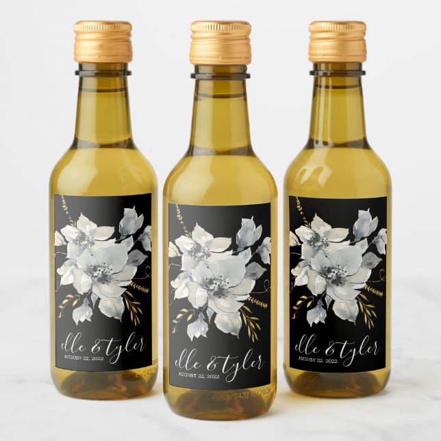 Grå Blommig Bröllops Mini Vinflaska Etikett (Flaskor)