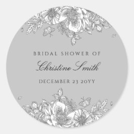 Grå Blommig Linjekonst Bröllopsfest Runt Klistermärke