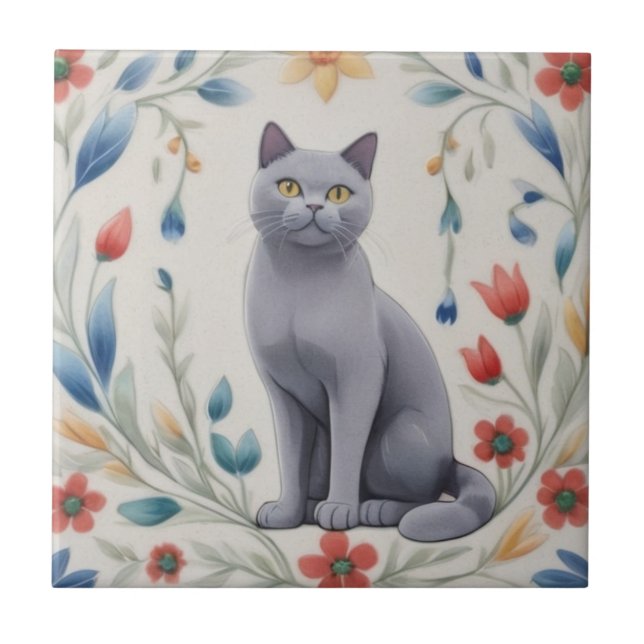 Grå blommiga katter - Grå katt färgglada folkliga  Kakelplatta (Framsidan)