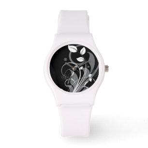 Grå blommönster på svart armbandsur