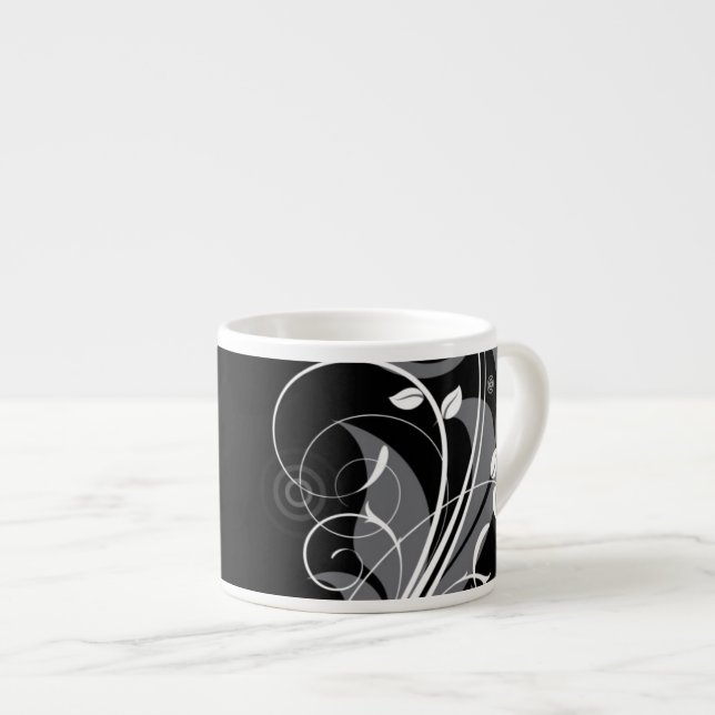 Grå blommönster på svart espressomugg (Framsida höger)