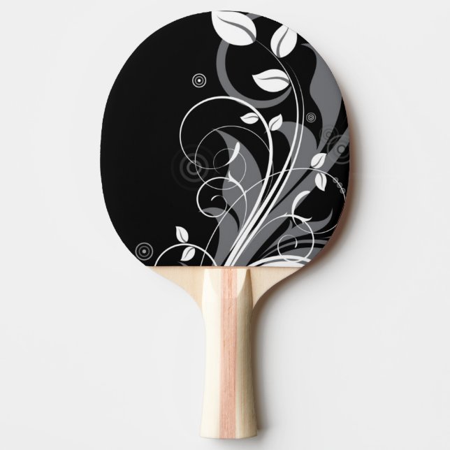 Grå blommönster på svart pingisracket (Framsidan)
